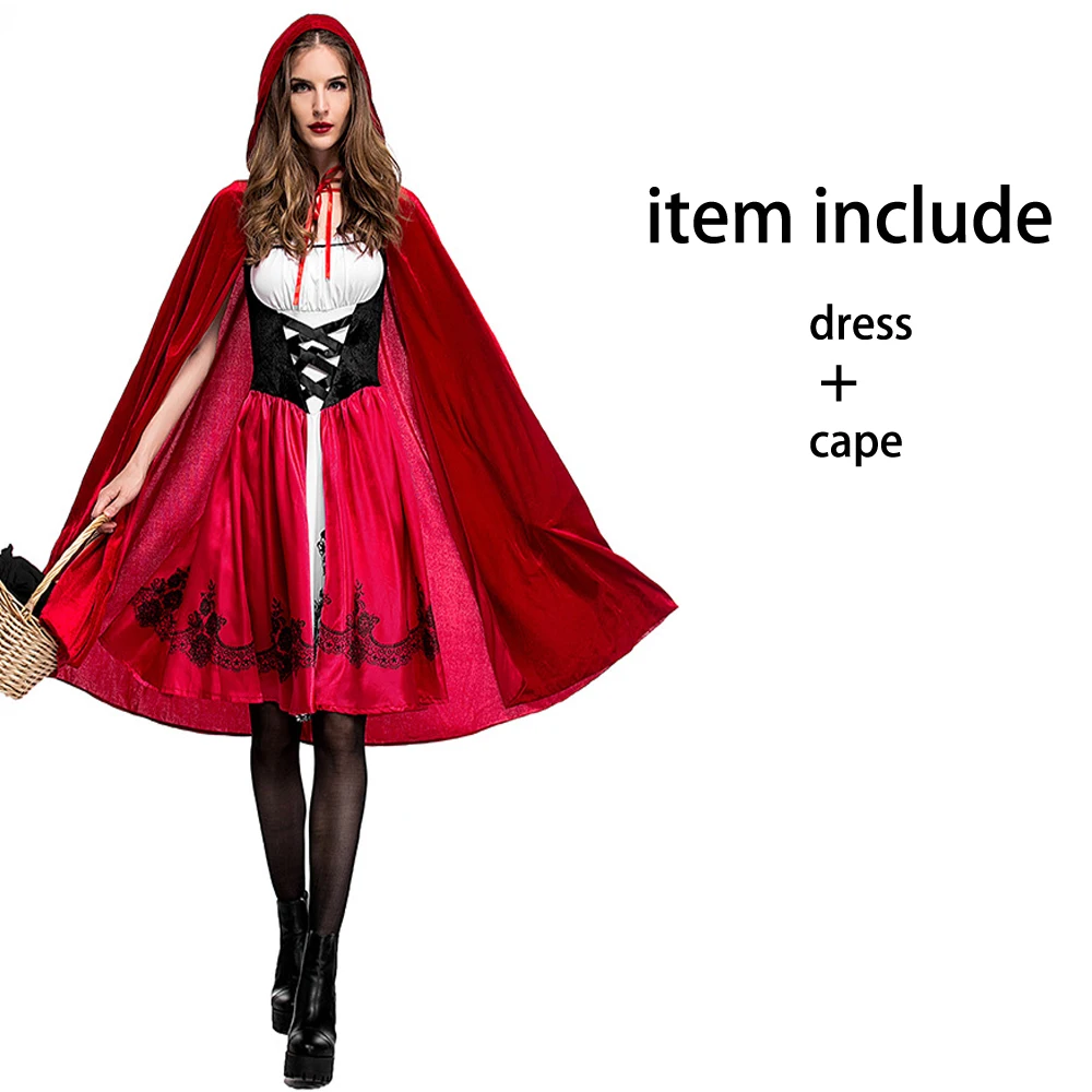 2018 kleine rote Reit haube Outfit Kostüm erwachsene Frauen Halloween Cosplay Kostüm Henne Party Kleid Cape Set Outfit