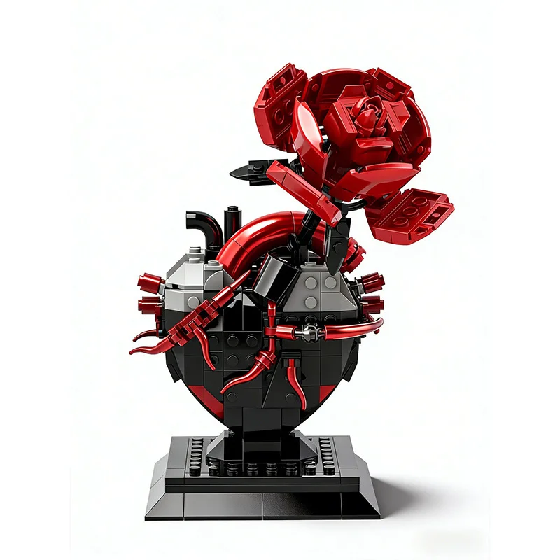 Bouquet de roses crânes MOC, modèle en briques, crâne de corbeau gothique, fleurs, décoration, blocs de construction, croix gothique, jouets d'assemblage, cadeau DIY pour enfants