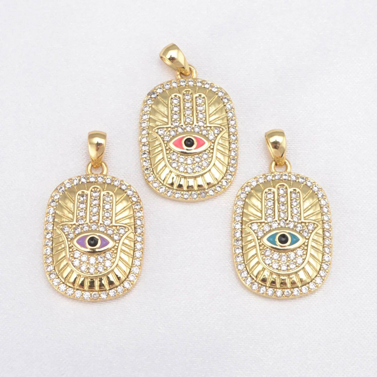 8 Pcs Fatima Hand Pendant DIY Necklace Jewelry Making Accessories Palm Evil Eye Charms Inlay Zircon Copper Plated Part Wholesale