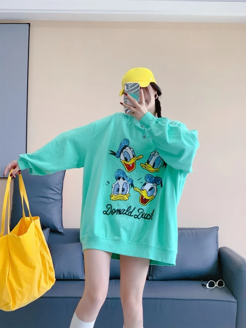 2025 Autumn New Loose Mid-Length Embroidered Cartoon Long Sleeves Versatile Hoodies Heavy Industry Women's Y2k Sweatshirt Jacket