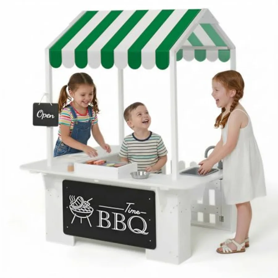 

Outdoor playhouse for kids, white plastic mud kitchen and BBQ toy set, durable weather-resistant role-play playset ideal for to