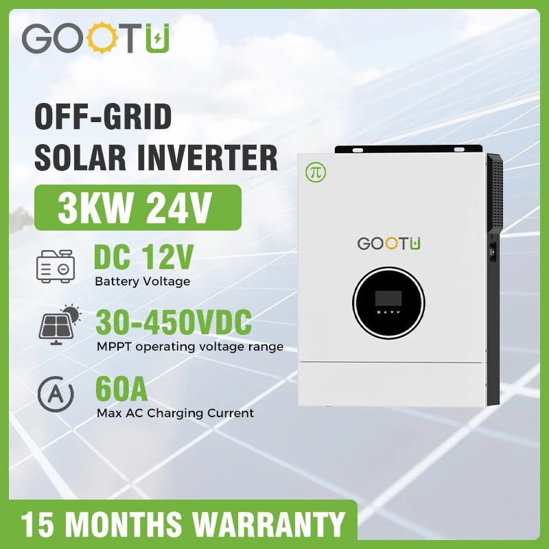 GOOTU 1.6KW 3KW Hybrid Solar Inverter Off Grid Inverter 12/24V Pure Sine Wave Inverter 220VAC With MPPT 80A Solar Charger