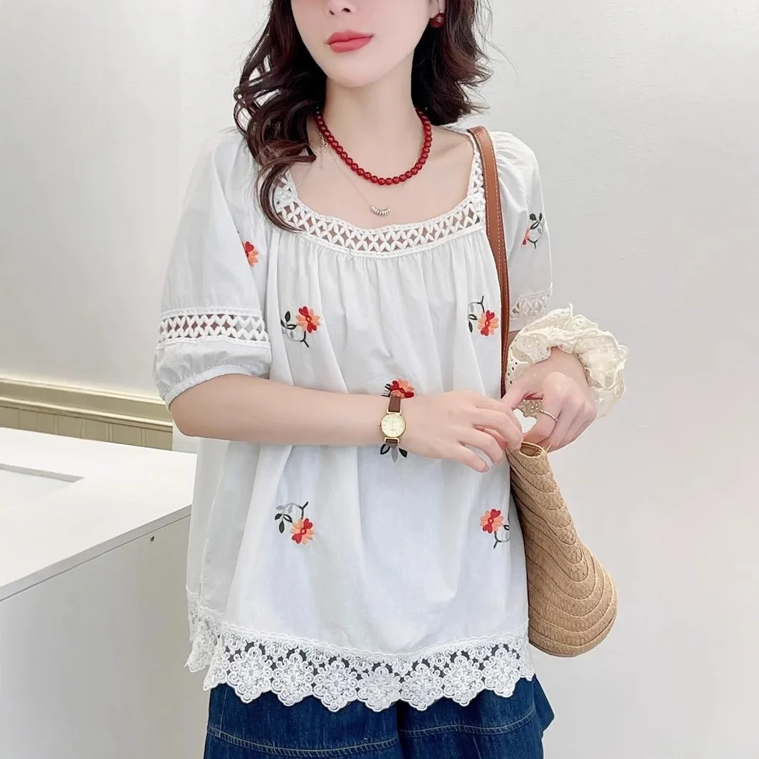 

Japanese Sweet Mori Girl Flower Embroidery Hollow Out Cotton Shirt Women Summer Square Collar Puff Short Sleeve Casual Blouse