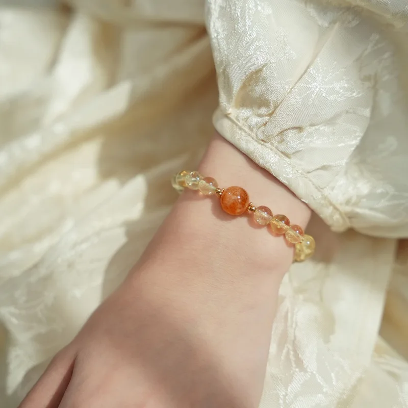 Chinese Style Natural Citrine Yellow Flower Accent 7-8mm Handstring Bracelet For Women Dainty Lucky Wealth Blessing Fortune Gift