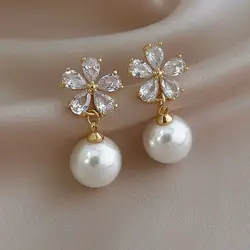Korean Elegant Imitation Pearl Stud Earrings For Women Exquisite Design Crystal Zircon Flower Earring Wedding Party Jewelry