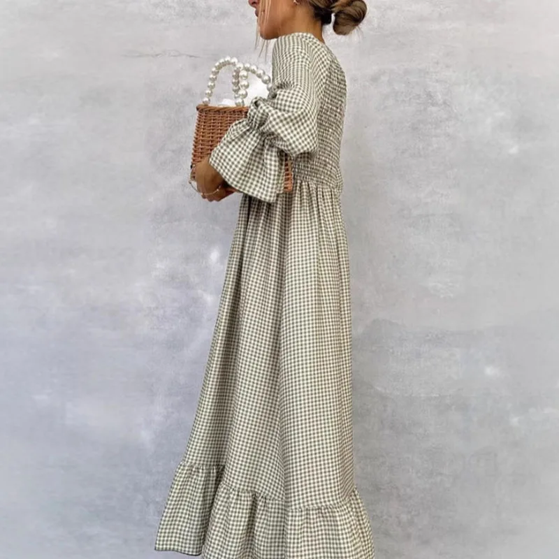 Fall Puff Sleeve A-Line Boho Dress Retro Plaid Print O-neck Button Pleated Long Dress Spring High Waist Loose Womens Party Dress