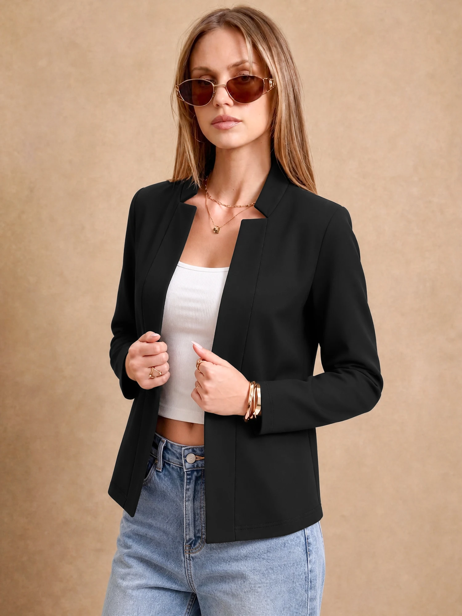 Chic Female No Closure Blazer Jacket Long Sleeve Mandarin Collar Slim Fit Spring Autumn Office Outerwear