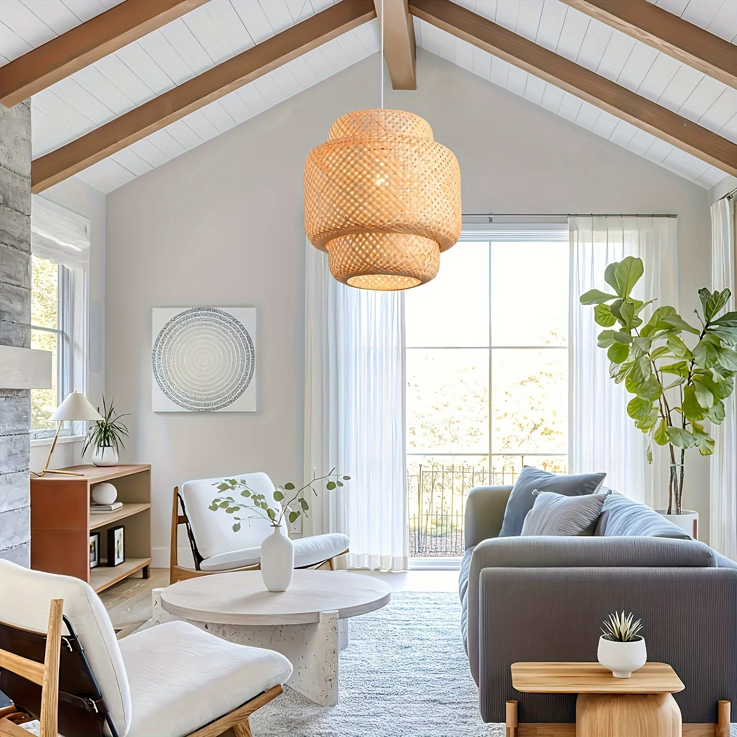 Modern Living Dining Room Pendant Light Wicker Woven Lighting Fixture Hand Woven Rattan Lantern Pendant Light for Kitchen Island