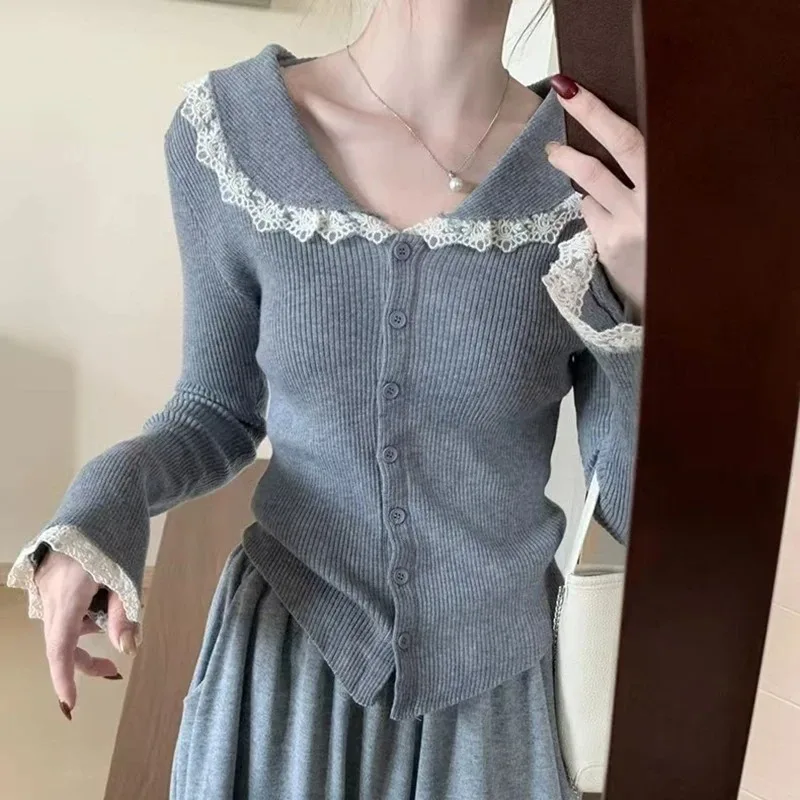 Cardigan à manches longues pour femmes, décontracté, col en v, haut tricoté, Style coréen, pull en dentelle douce, élégant, couleur unie, automne 2025