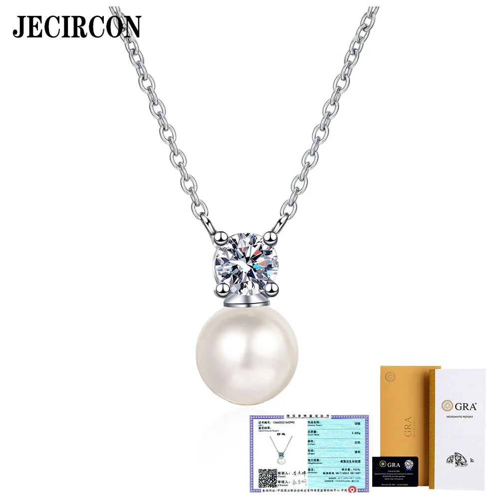 

JECIRCON S925 Sterling Silver Necklace for Women 8MM Flawless Freshwater Pearl 0.5ct Moissanite Pendant Fashion Clavicle Chain