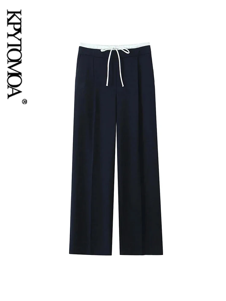 KPYTOMOA Women Double Waistband Wide Leg Pants High Elastic Waist With Drawstring Side Pockets Female Trousers Chic Fashion