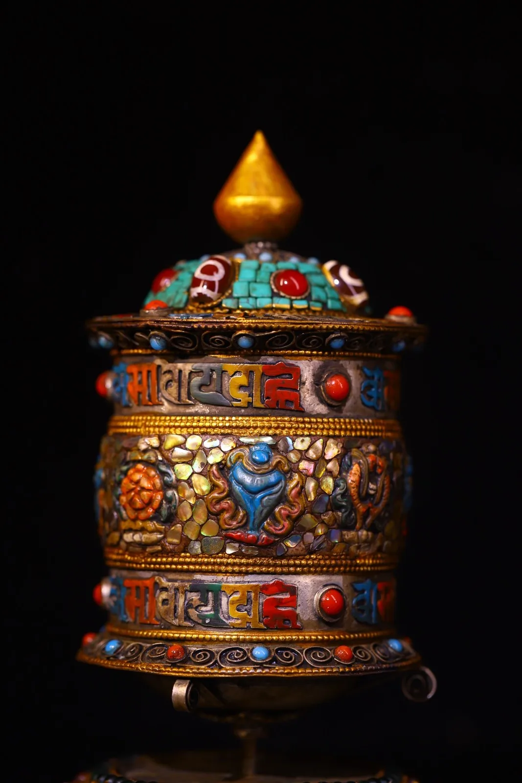 Bronze Gem gZi Beads Turquoise Eight Treasures Prayer Wheel Old Scriptures