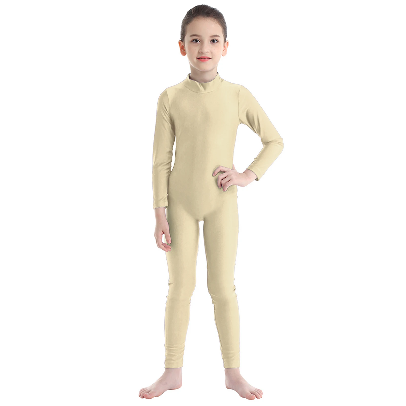 Kids Long Sleeves Gymnastics Jumpsuit For Girls Slim Fit Dancewear Dance Bodysuit Zippered Mock Neck Ballet Leotard Unitard