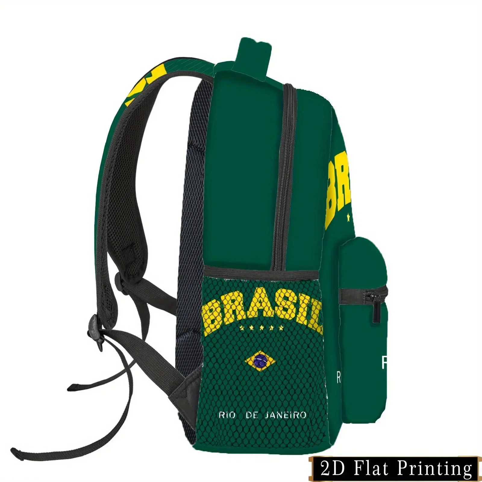 Custom Rio de Janeiro Brazil Backpack - Vibrant Green with Yellow & White Logo, Adjustable Straps, Multiple Pockets, Durable