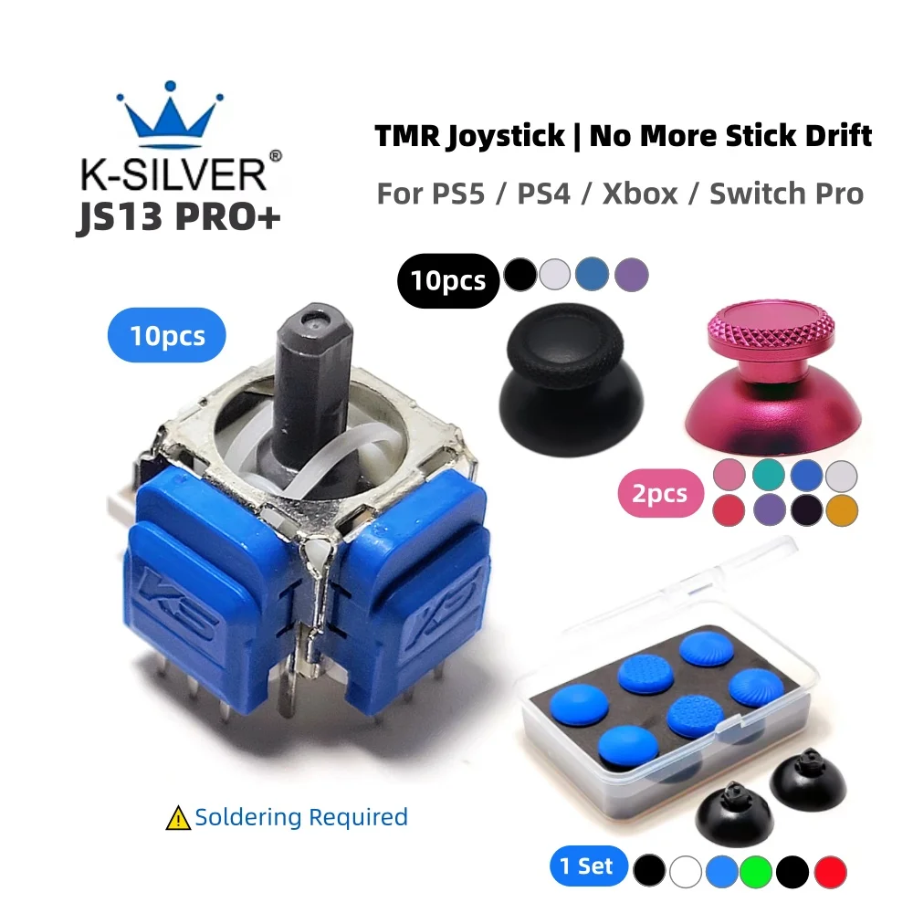 K-SILVER JS13 PRO+ TMR Joystick for PS5 PS4 Xbox Hall Effect Analog Stick & Thumb Grip Caps Anti-Drift Repair Parts Replacement