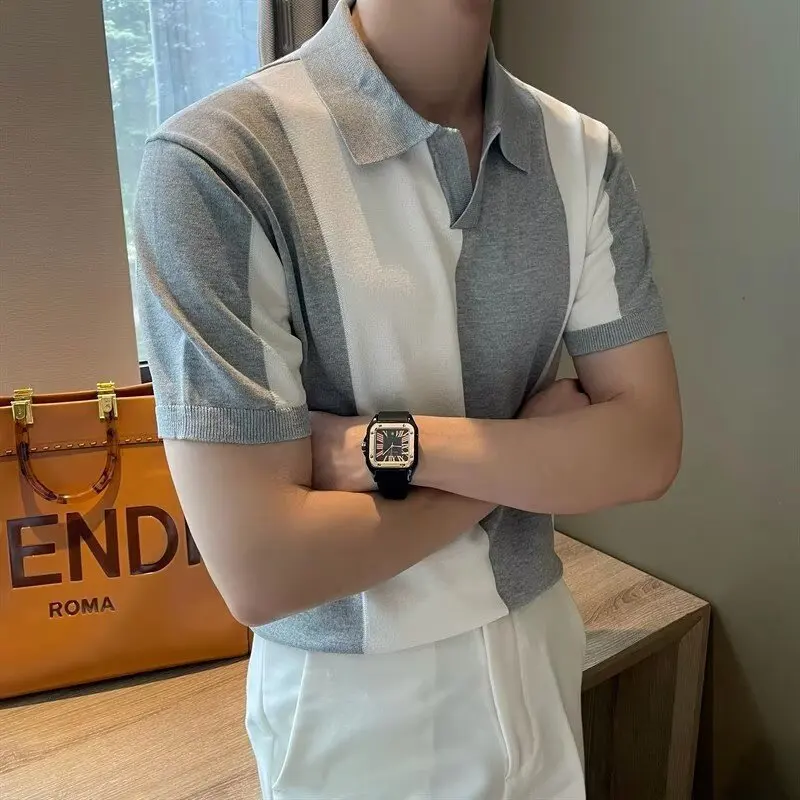 

Summer Black and White Color Matching Short-sleeved Men's Loose Light and Familiar Contrasting Color Lapel Breathable Knitting