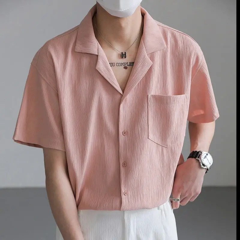 Fashion Summer Men Clothing White Shirts Solid Lapel Single Breasted Pocket Korean High Street Casual Short Sleeve Loose Tops