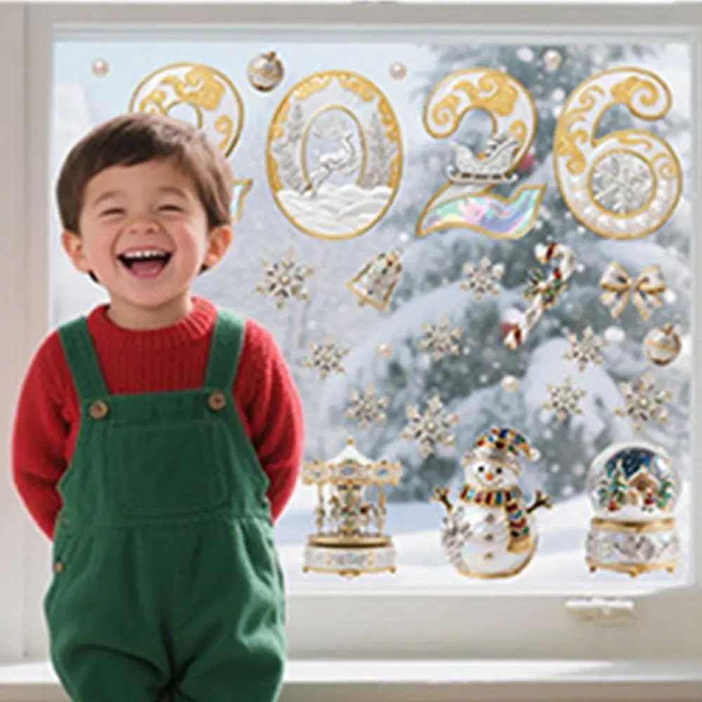 Multicolor 2026 3D Number Stickers Cartoon Santa Xmas Tree Bell Christmas Static Sticker DIY Accessories Glass Sticker