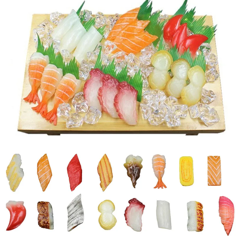 Plato de comida japonesa Sashimi, almeja ártica de salmón, pulpo, Anguila, modelo de comida simulada, Mini juguetes, accesorios de fotografía, decoración divertida, regalo