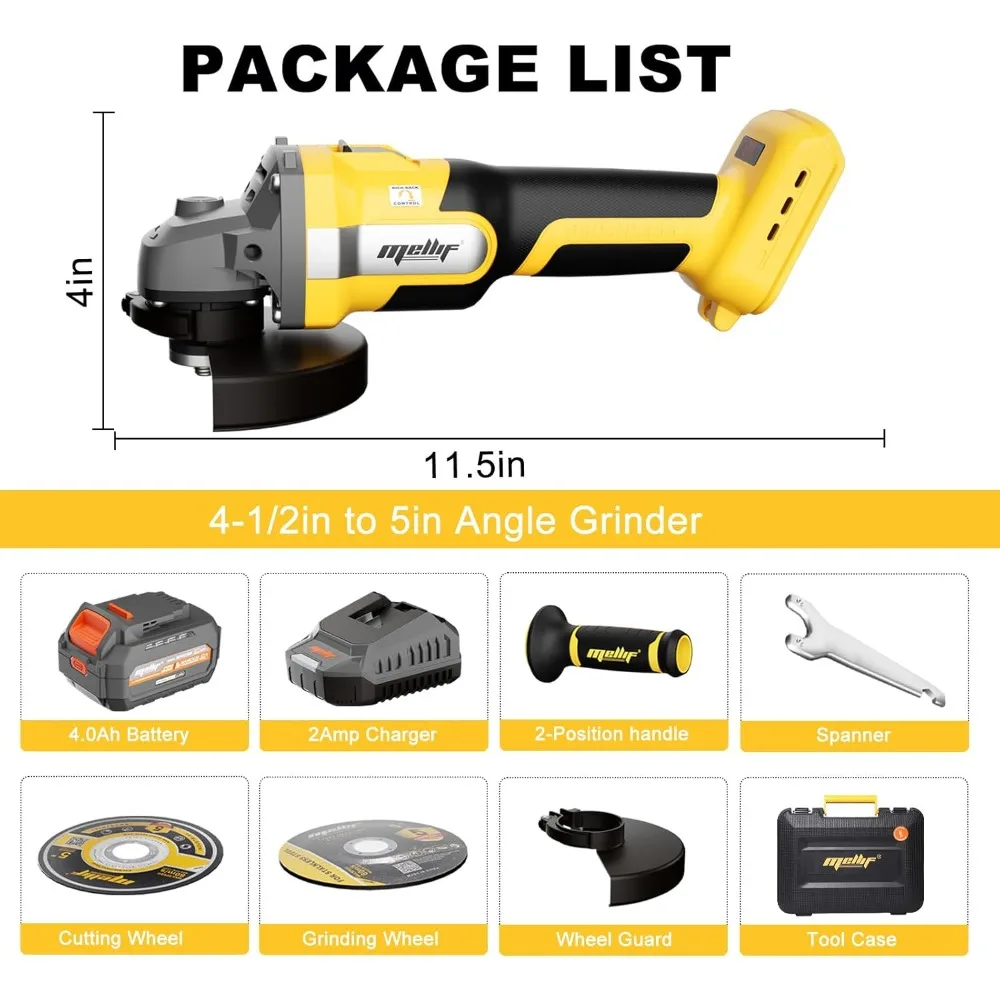 Аккумуляторная угловая шлифовальная машина, аккумулятор 20 В MAX, бесщеточный шлифовальный инструмент по металлу 9600 об/мин, 4-1/2 дюйма, с аккумулятором 4,0 Ач