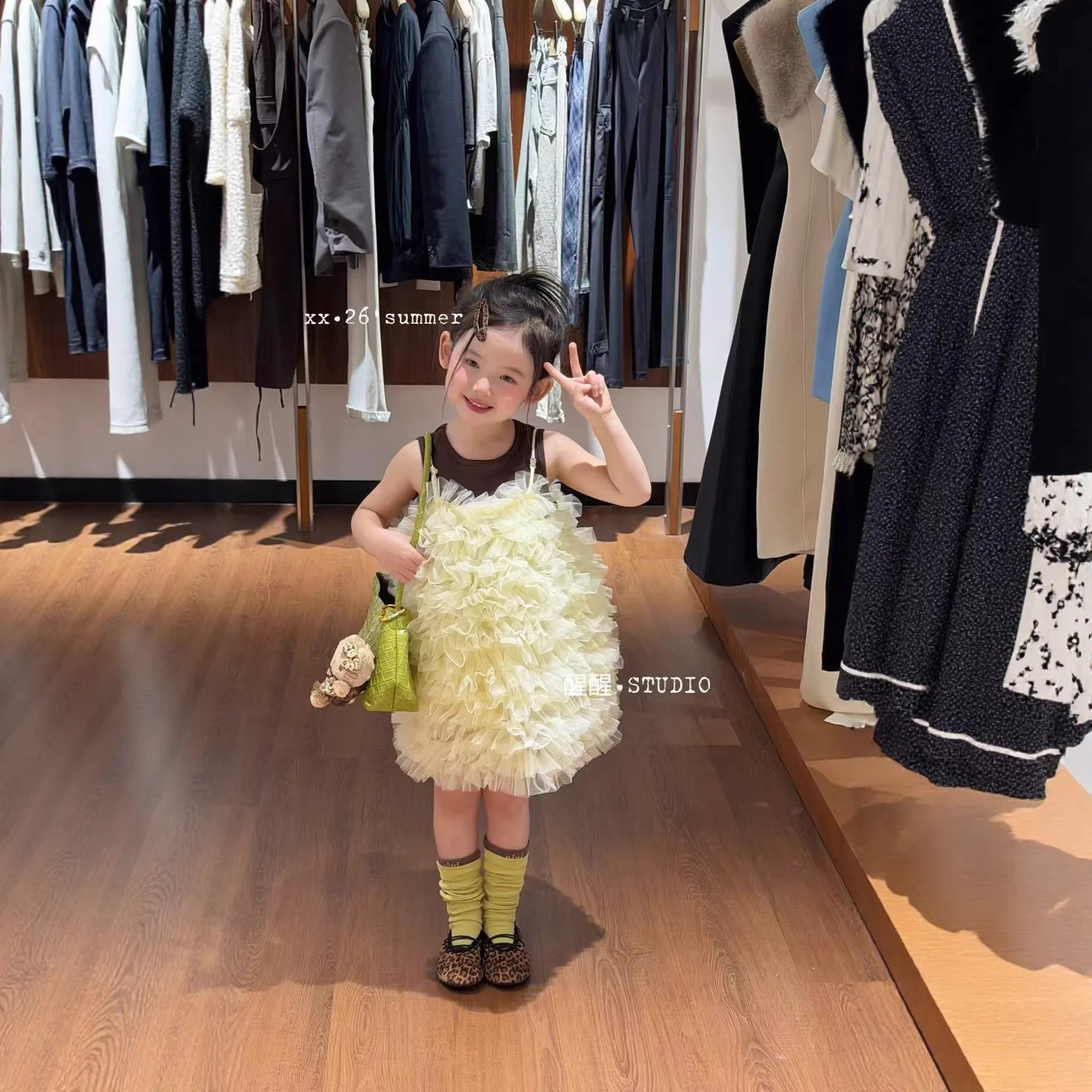 Girls Dress Set Summer Korean Version Foreign Style Fashion Cute Sleeveless Vest Tulle Suspender Cake Skirt Two-piece Set