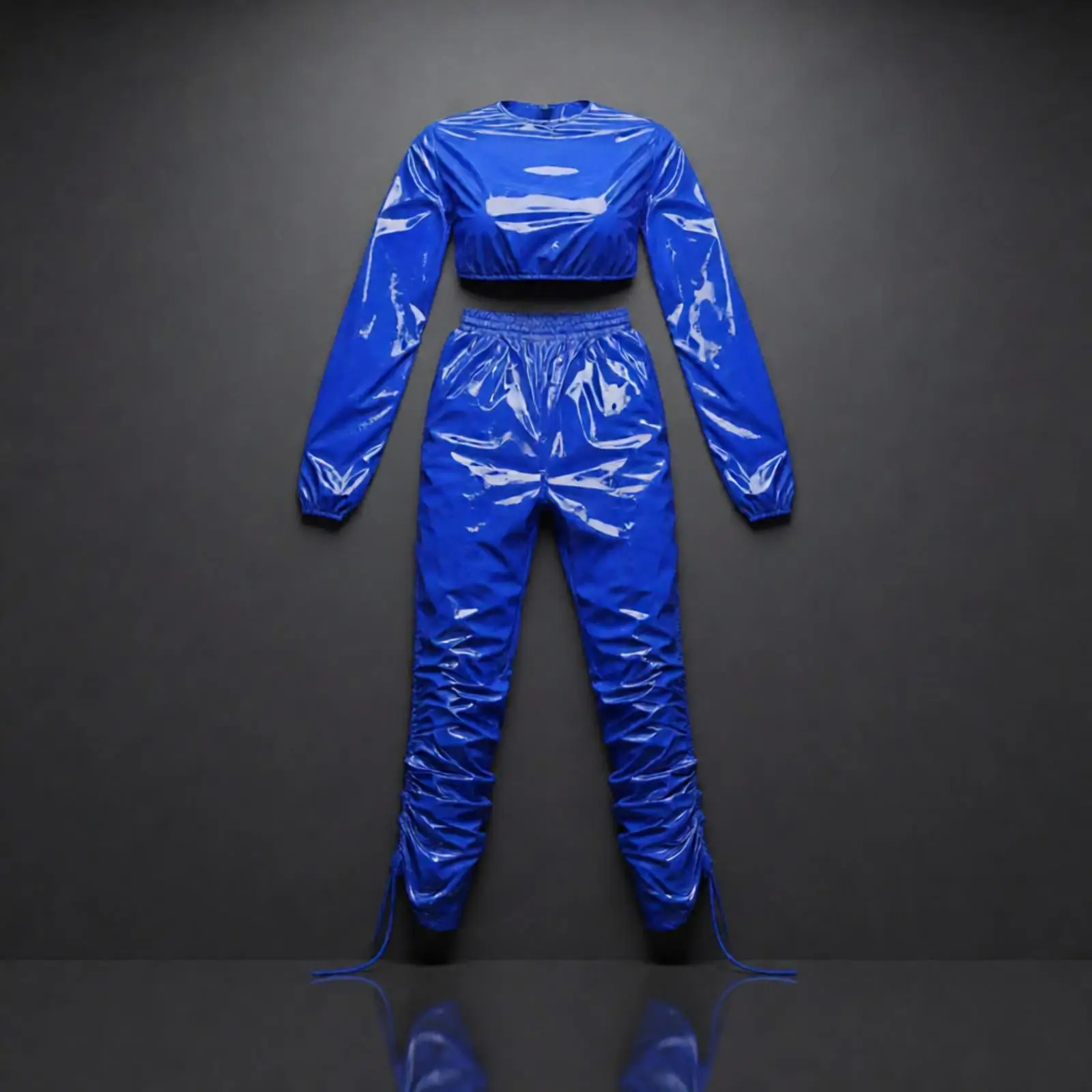 Women Vinyl Waterproof Motorcycle Suit Long Sleeve Crop Top And Capri Pants with Sides Drawstrings Trousers for Workout Clothing