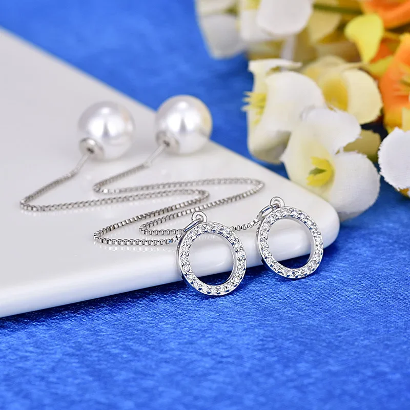 

Trendy Real 925 Sterling Silver Dangle Pearl Drop Earrings Minimalist Long Tassel Chain Circled CZ Fine Jewelry for Women Gift