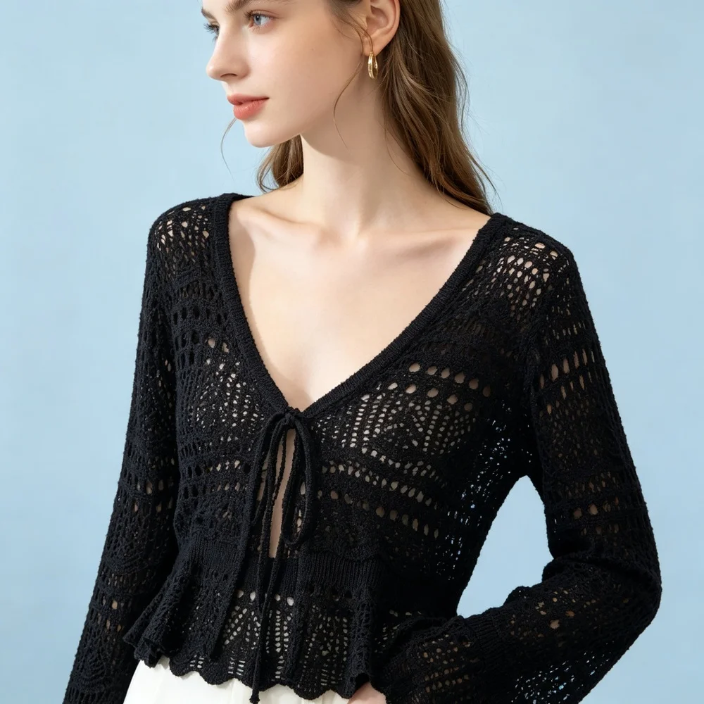 Tie Front Cardigan Women Nightlife Cocktail Soiree Disco Neon Obsidian Hollow Out Knitted V Neck Long Sleeve Scalloped Hem Star