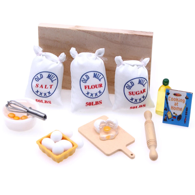 1:12 Scale Miniature Dollhouse 3 Bags Flour & 1 Wooden Rolling Pin & Egg-whisk Play Mini Kitchen Toys Miniatura Food Accessories