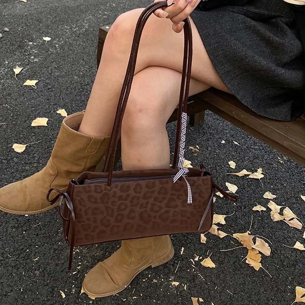 

Sweet French Stick Handbag Bow Ribbon Large Capacity Leopard Print Underarm Bags Korean Style Waterproof PU Shoulder Bag School