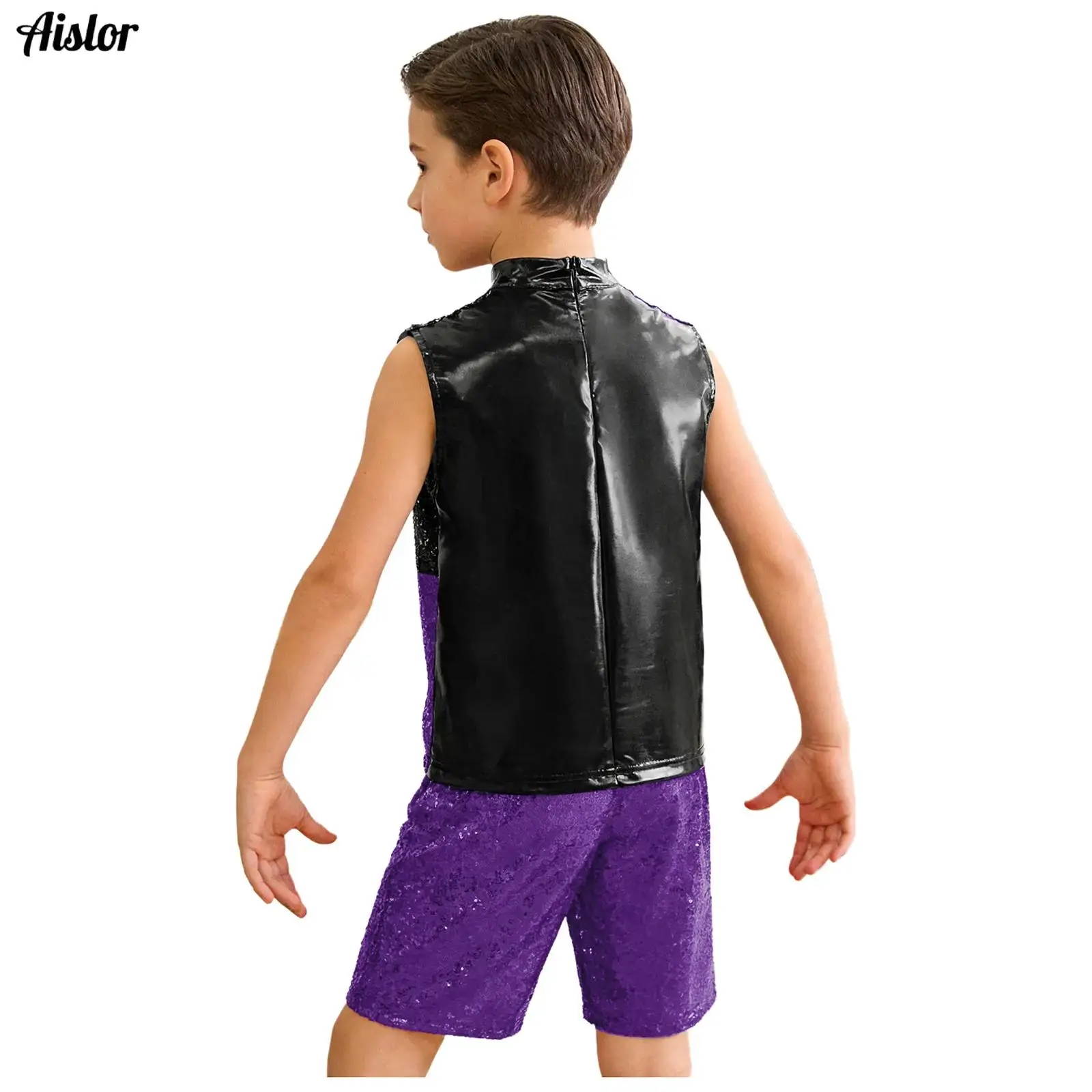 Kids Boys Sequins Clothes Set Jazz Hip Hop Modern Dance Tops Short for Ballet Jazz Dance Cheerleading Performance Competition