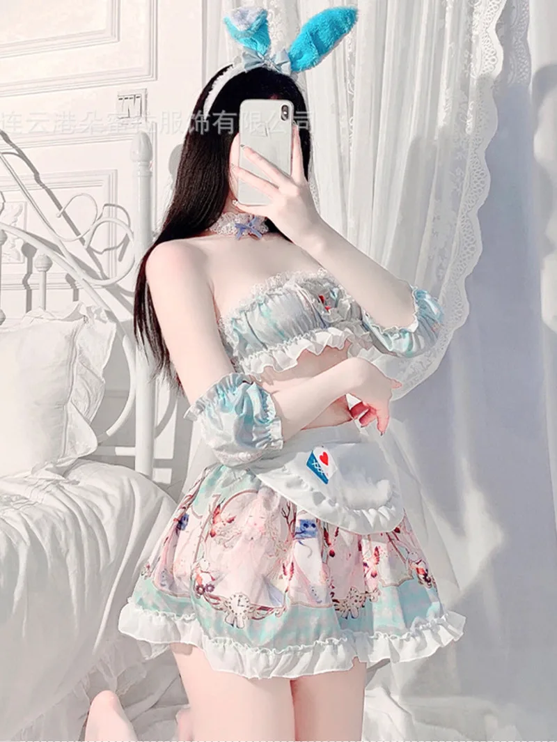 Fashion Sweet Korean Women 2023 New Sweet Dress Sexy Split Lolita Printed Maid Rabbit Uniform Dress Elegant 2023 New H8PQ