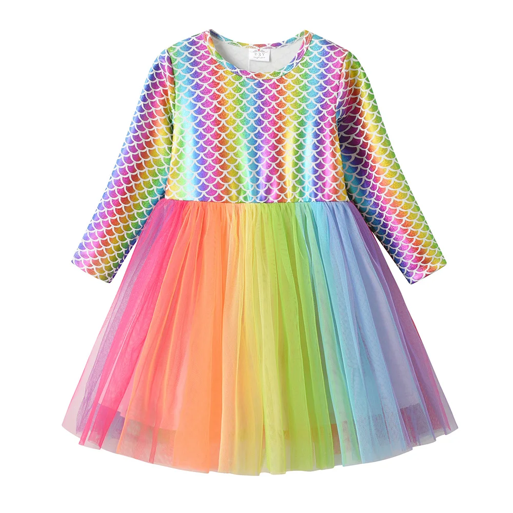 VIKITA Girls Performance Birthday Prom Gown Party Princess Dress Kids Colorful Sequins Shiny Dresses Girls Long Sleeve Dresses