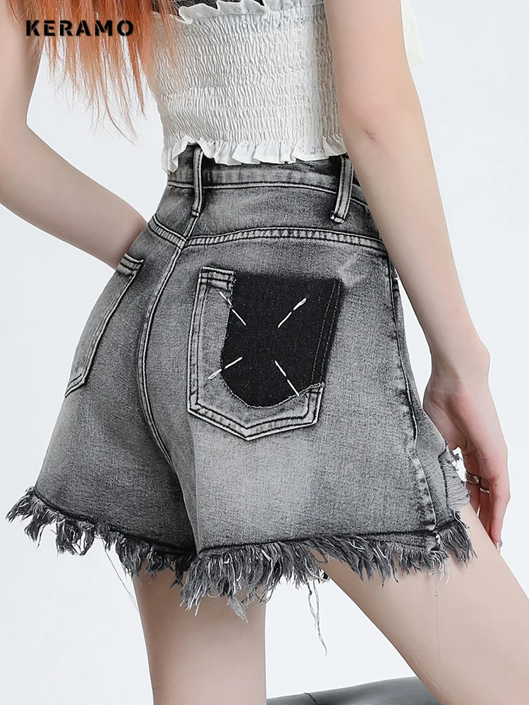 Korean Y2K Harajuku High Waist Streetwear Patchwork Shorts 2024 Summer Women's Sexy Tassels Hotsweet Slim Fit Denim Shorts