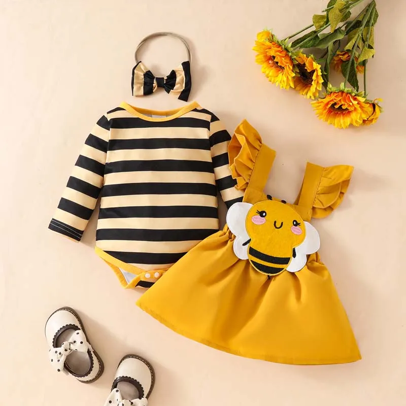 Newborn Baby Clothes Baby Girl 3Pcs Set Long Sleeve Striped Bodysuit Little Bee Embroidered Back Dress Hairband Autumn Outfits