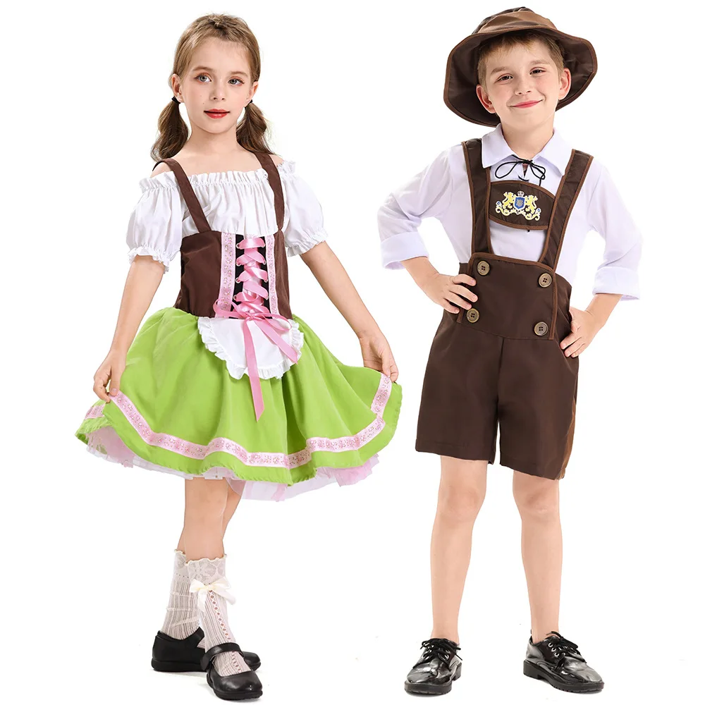 Boys Girls Beer Festival Outfit Bavarian Traditional Dress Munich Oktoberfest Wear Stage Performance Party Trendy Fashion HatSet