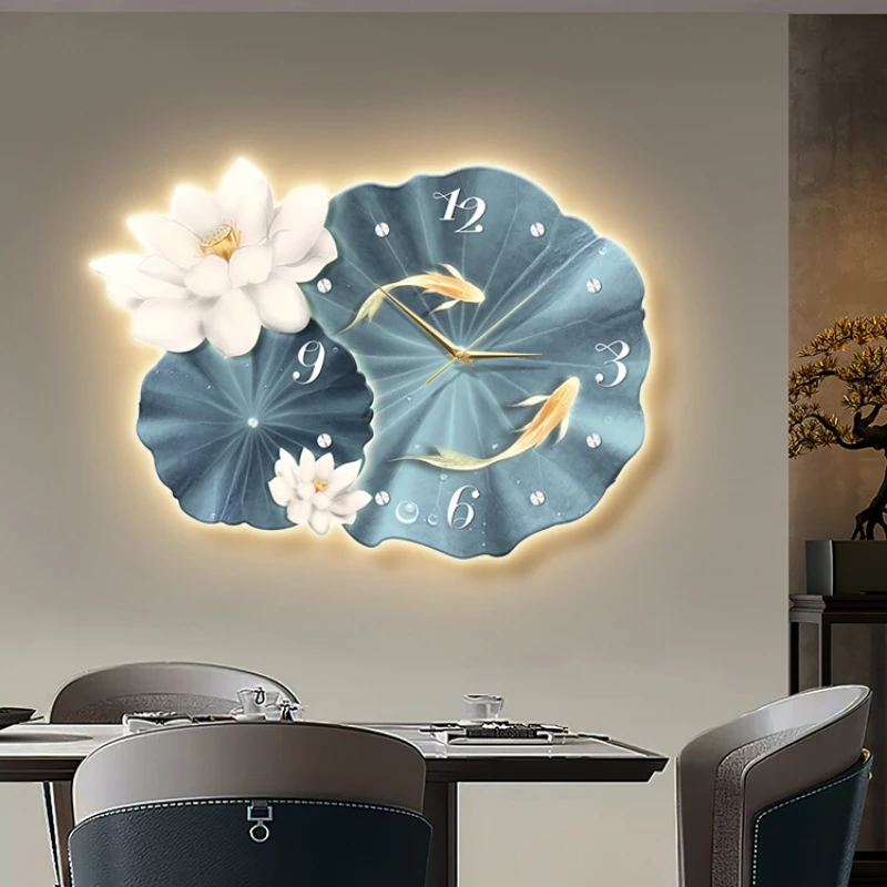 Modern Light Luxury Home Decor with Clock Decorative Painting with LED Light Nine Fishes and Lotus Flower Wall Clock Mural