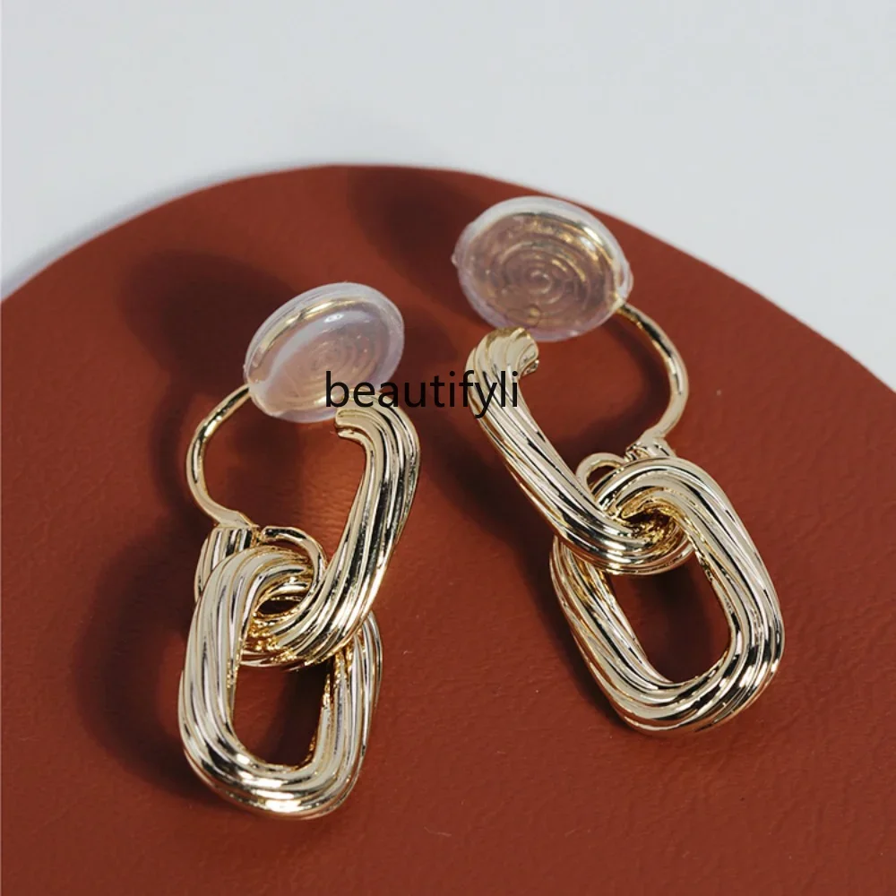 yj Simple Metal Oval Ring Buckle without Piercing One-Piece Ear Clip Silver Pin Ear Studs