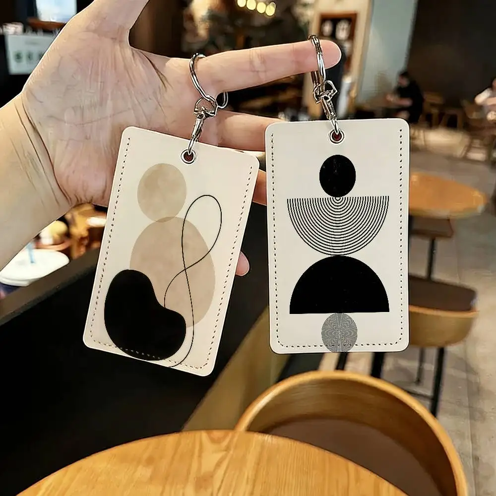 

Art Abstract Geometric Beige Black Card Holders Anti-lost Student ID Card Protective Cover Cases Campus Access Cards Key Chain