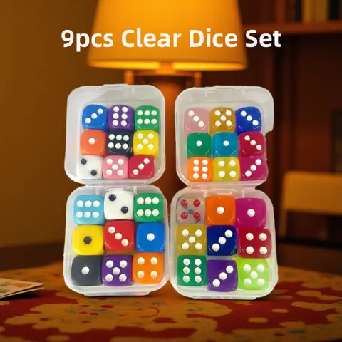 9pcs Clear Dice 14/16mm Random Color Clear/Solid Dice Set For table games, gambling and recreational gatherings.