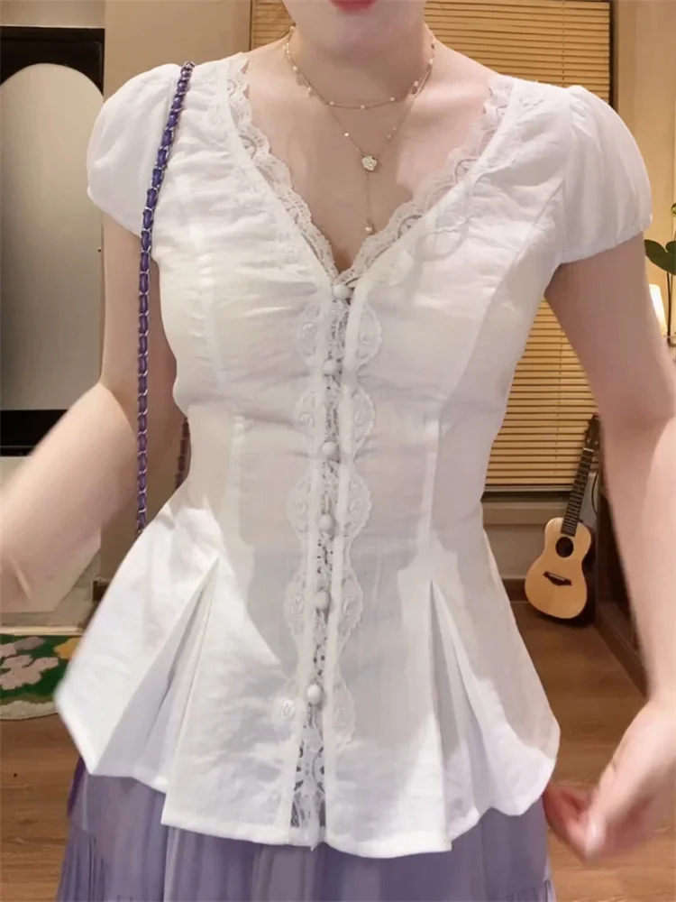 

French Lace Spliced V-neck Women's Shirt Tops 2026 Summer New Fashion Elegant Ladies Slim Blouse Short Puff Sleeve White Blouses