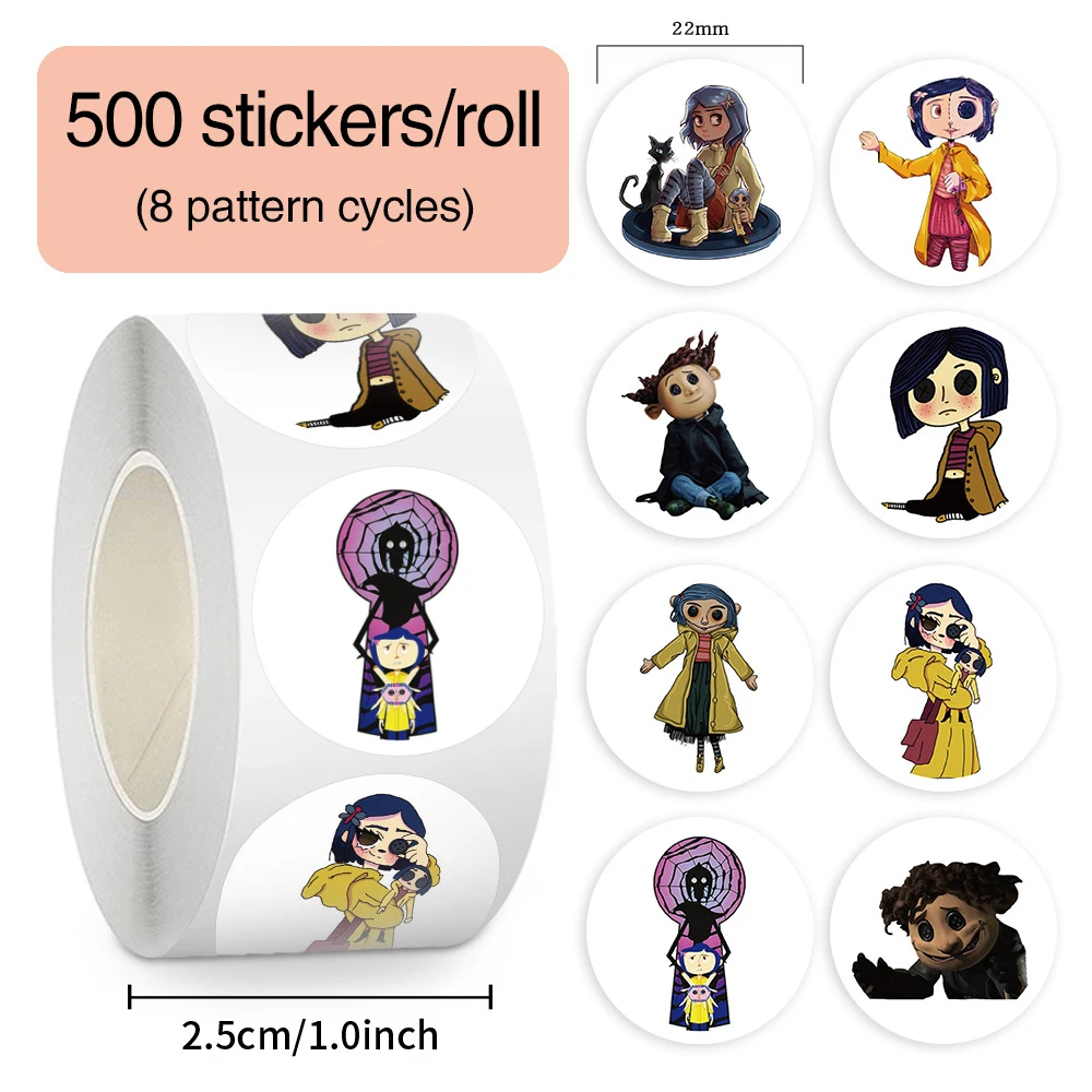 500pcs Horror Movie Coraline & the Secret Door Stickers Rolls Cartoon DIY Laptop Sealing Decals Anime Decor Sticker Reward Gifts