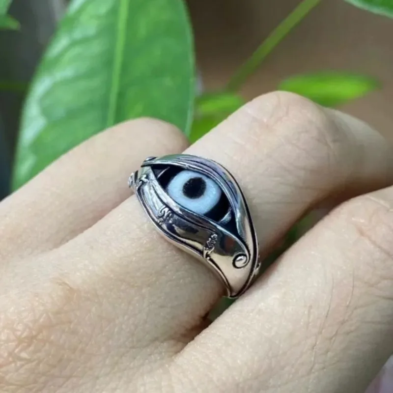 

Vintage Evil Eye Single-Eye Dzi Bead Open Ring, Ethnic Minimalist Adjustable Band