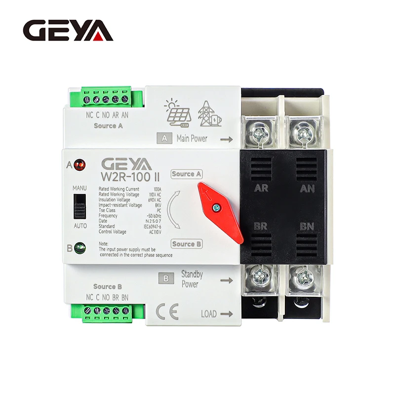 

GEYA W2R Grid PV System Power Transfer to City Power Dual Power Automatic Transfer Switch Din Rail 4P 63A 100A AC220V ATS 110V