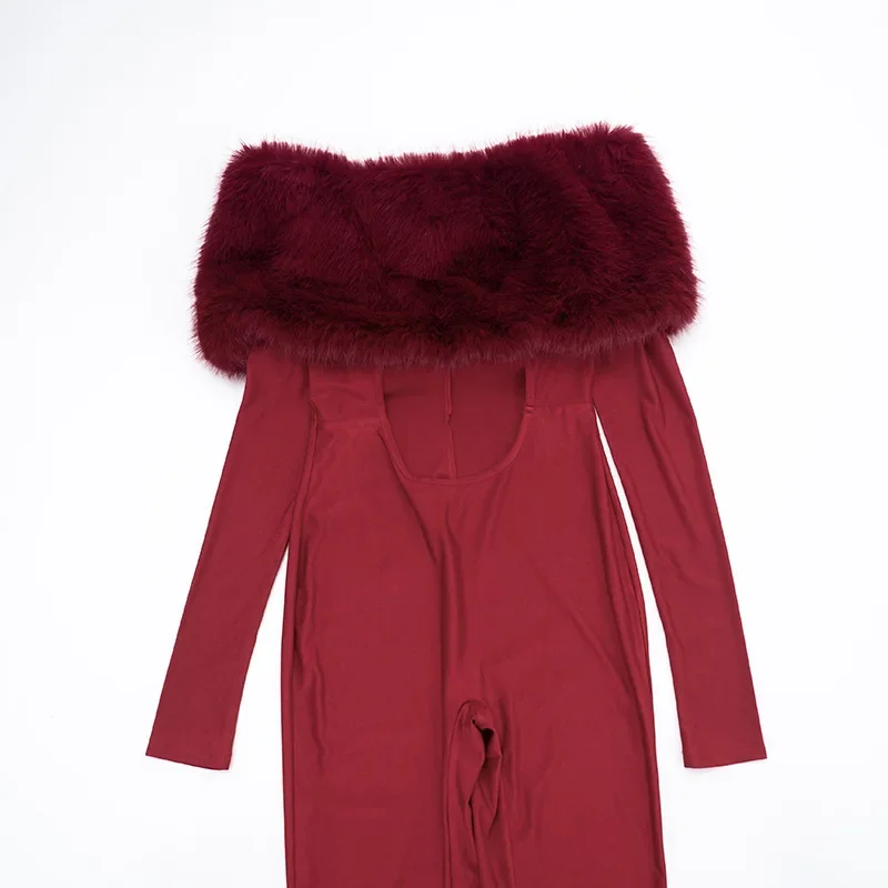 Sexy Fur Off Shoulder Jumpsuits 2026 Women Winter Fall Party Club Elegant Bodycon Luxury One Piece Jumpsuit Bodysuit Playsuit