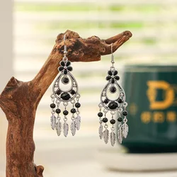 Ethnic Vintage Flower Tassel Leaf Earrings for Women Elegant Crystal Silver Color Metal Dangle Earring Female Jewelry