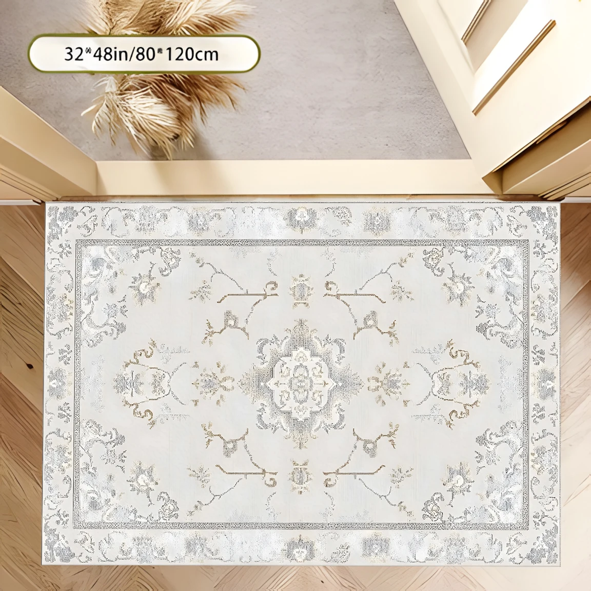 2D Large Carpet, Light Gray, European Classic Floral Pattern, Retro Light Luxury Style, Suitable for Living Room and Bedroom, One-Click Renovation for Autumn and Winter Decoration