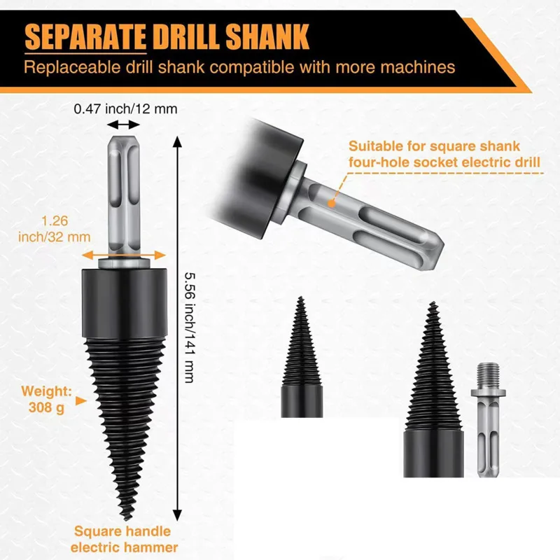 Firewood Splitter Drill Bit Round/Hex/Square Shank Wood Cone Reamer Punch Driver Step Drill Bit Woodworking Tool Firewood Chop