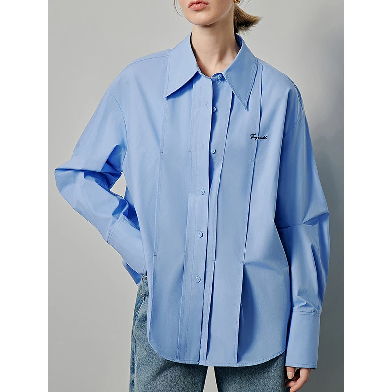 TOYOUTH Women Solid Color Blouse 2024 Autumn New Pleated Turn Down Collar Single-breasted Button Lanton Sleeve Blouse Shirt Tops