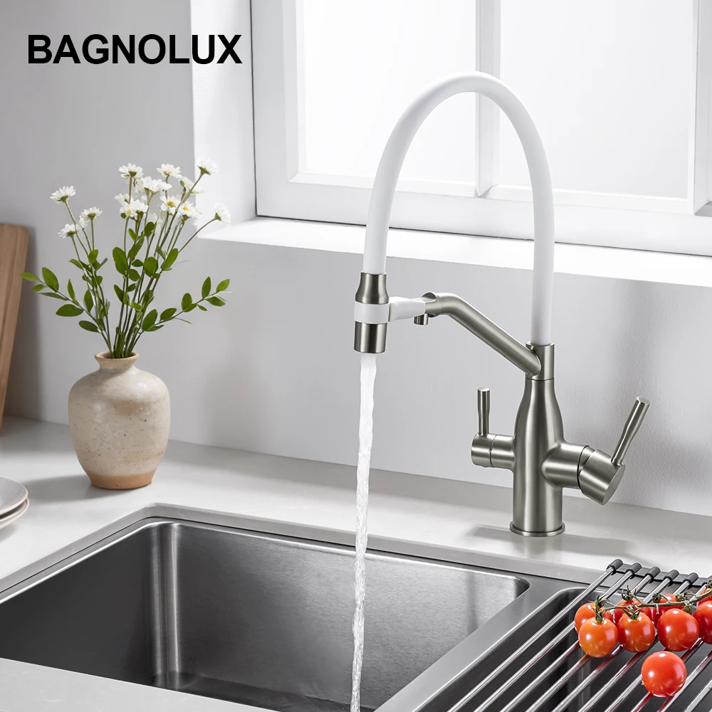 

Pull Out Sprayer Kitchen Faucet Filter System Deck Mounted Hot And Cold Sink Tap 2 Handle Mixer Non-Toxic Rubber Pull Down Spout